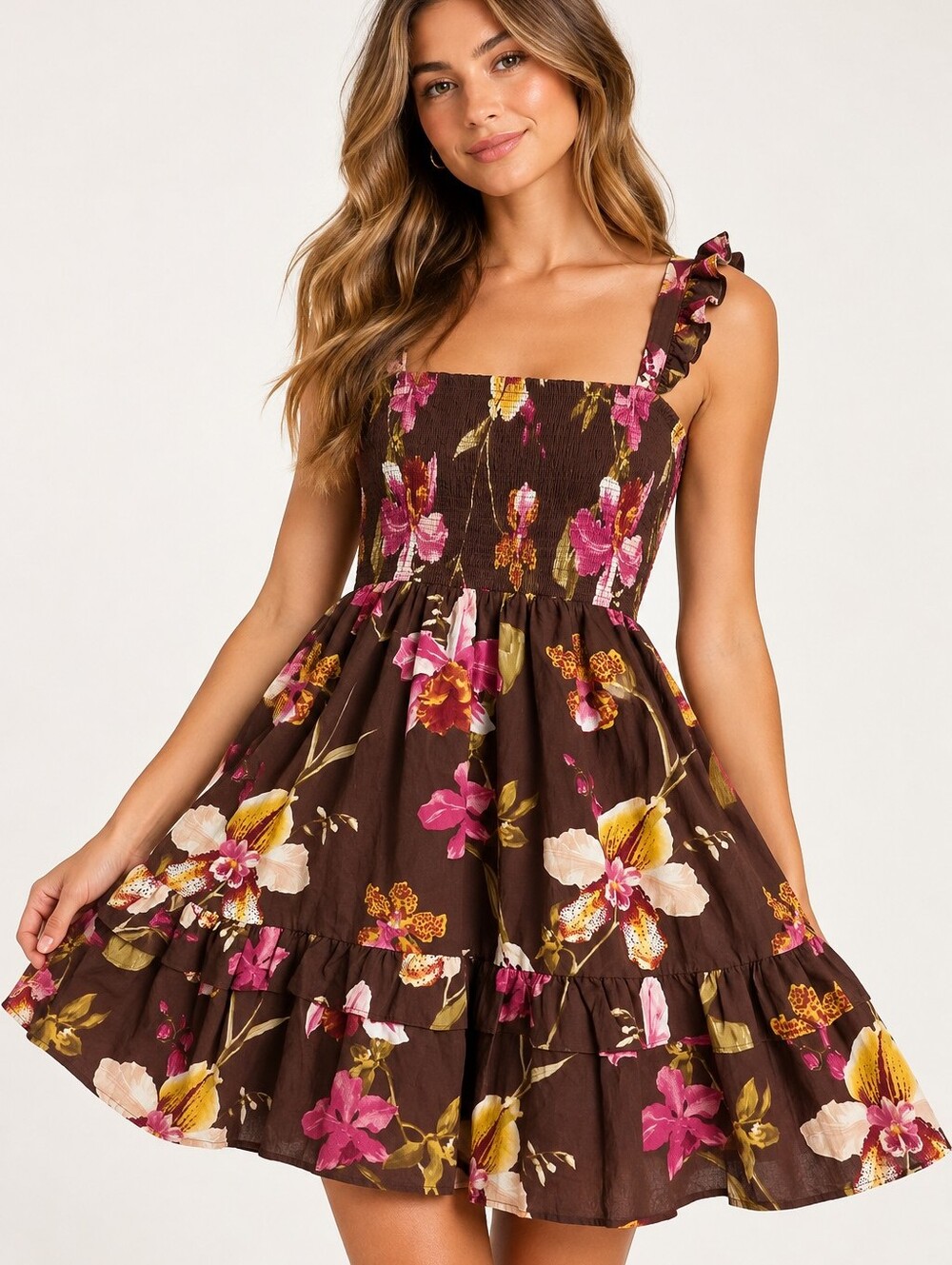 Girls Brown Floral Sundress with Pink & Yellow Blooms